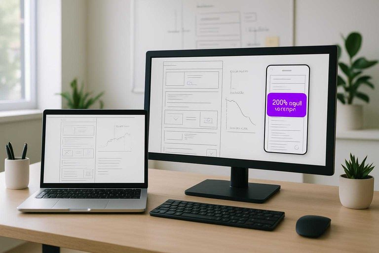 Designer workspace with mobile page preview showing “2,000-word scroll” banner about content depth and fatigue