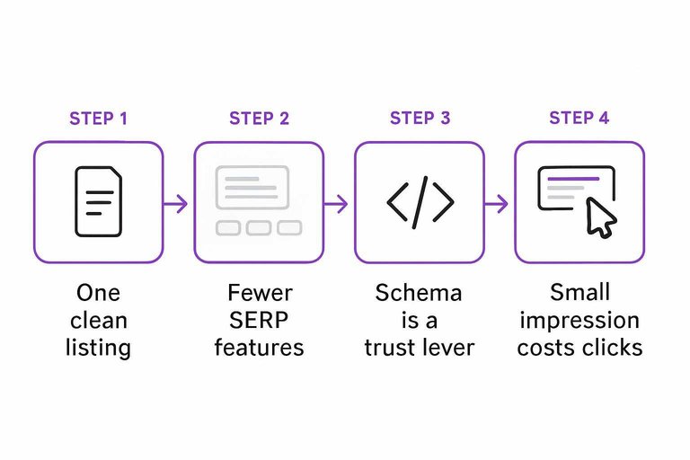 Four-step flow: One clean listing → Fewer SERP features → Schema is a trust lever → Small impression costs clicks