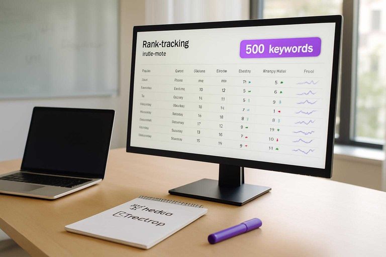 SEO dashboard on a monitor highlights “500+ keywords” in purple, emphasizing scale where manual rank checks break down