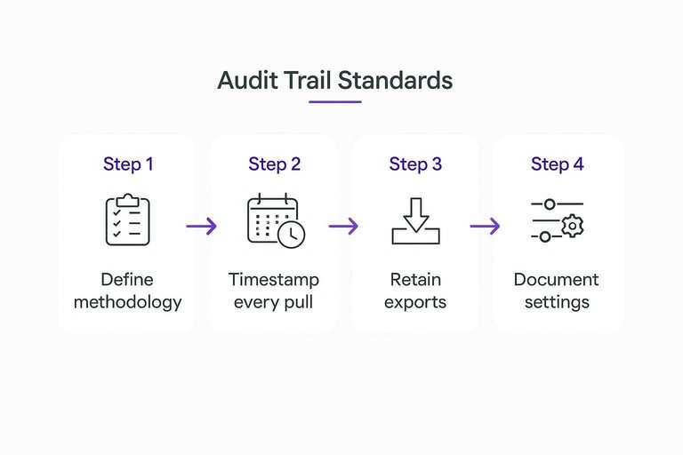Four-step audit trail flow: Define methodology, Timestamp every pull, Retain exports, Document settings