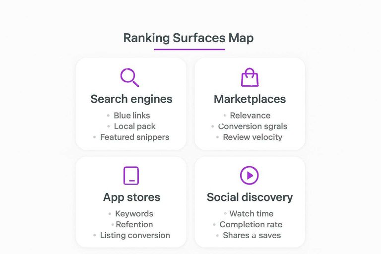 2x2 comparison: Search engines, Marketplaces, App stores, Social discovery with key ranking signal bullets