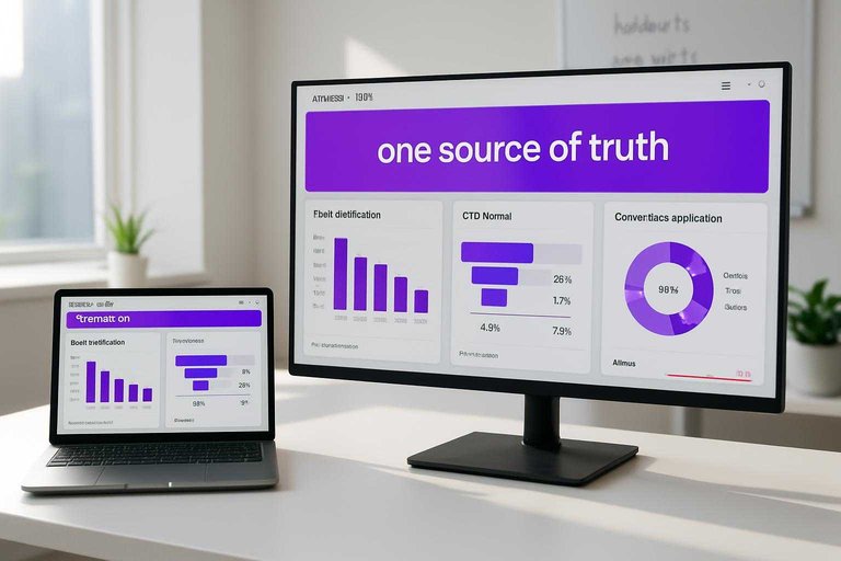 Monitor shows ranking dashboard with #ad00cc banner reading "one source of truth" for measurement and instrumentation