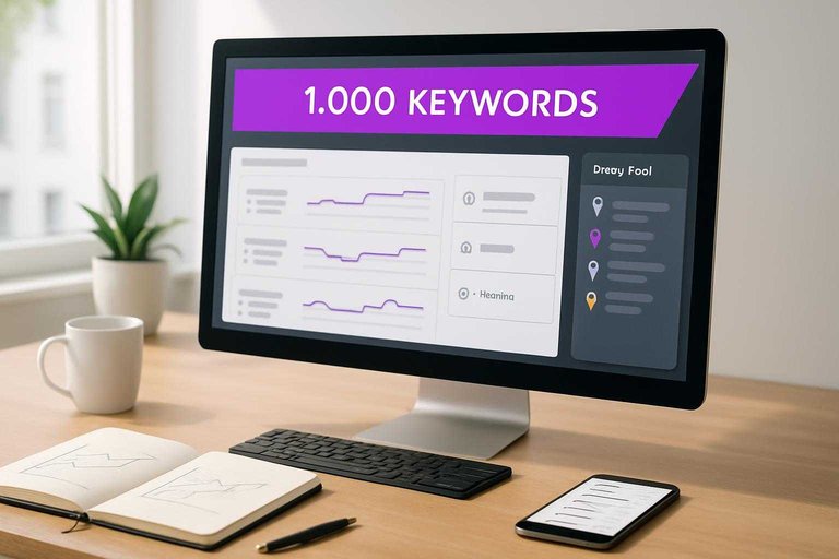 SEO analyst desk with ranking dashboard showing “1,000 keywords” in a #ad00cc banner, highlighting accuracy vs speed tradeoffs