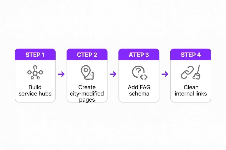 Four-step flow: Build service hubs, Create city-modified pages, Add FAQ schema, Clean internal links