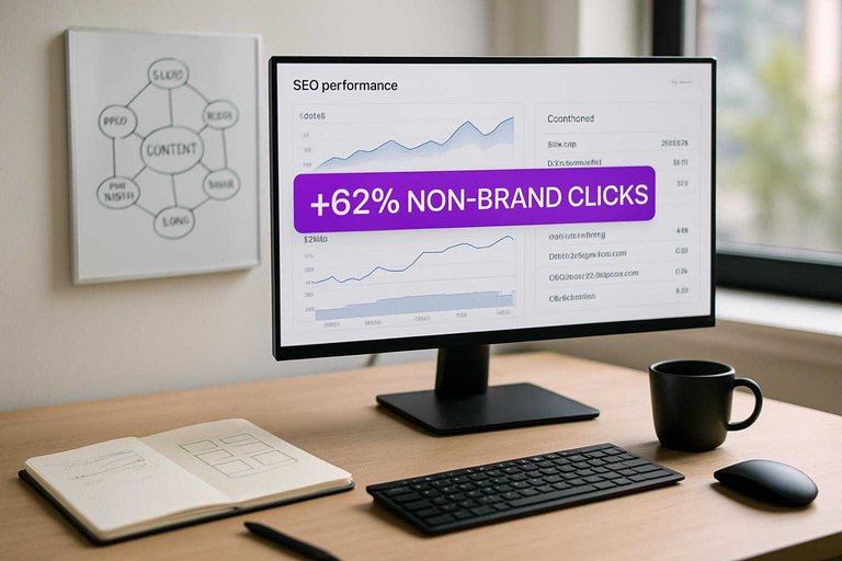 Desk setup with SEO scoreboard on monitor and a #ad00cc banner reading "+62% non-brand clicks"