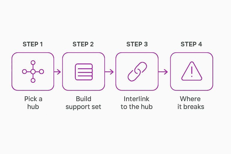 Four-step flow: Pick a hub, Build support set, Interlink to the hub, Where it breaks with arrows