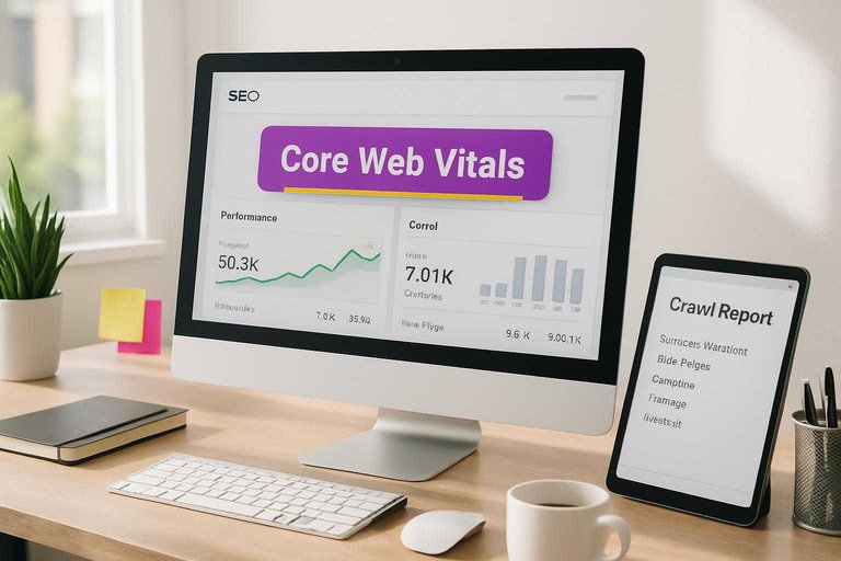 Monitor shows SEO dashboard with #ad00cc label “Core Web Vitals” beside crawl and indexing checks