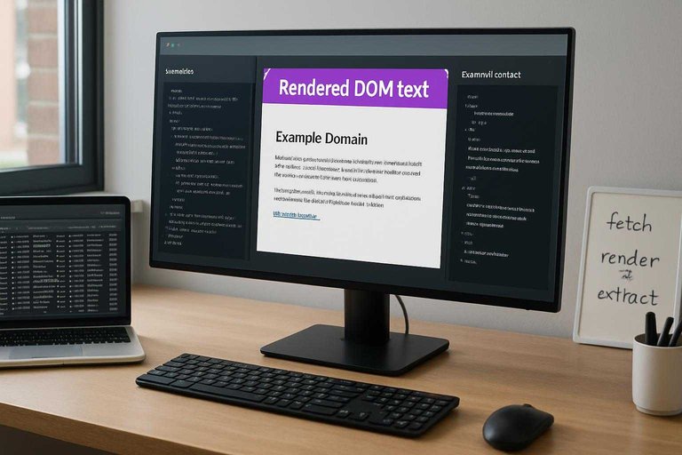 Monitor showing page parsing pipeline with #ad00cc label “Rendered DOM text” highlighting extracted on-page content