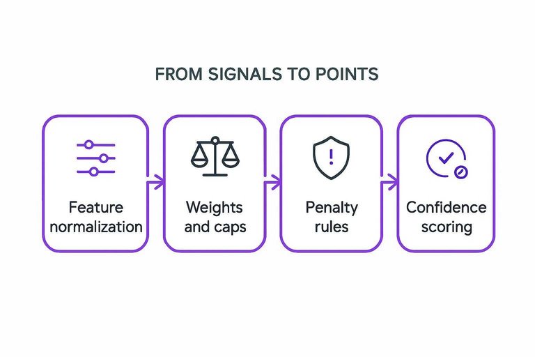 Four-step flow: Feature normalization → Weights and caps → Penalty rules → Confidence scoring