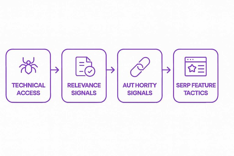 Four-step flow: Technical access → Relevance signals → Authority signals → SERP feature tactics