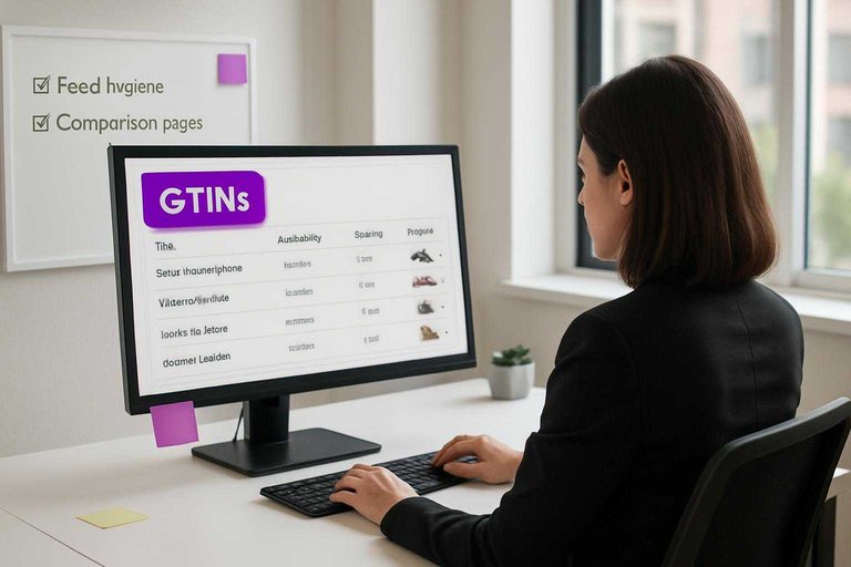 Ecommerce workspace with product feed dashboard, #ad00cc label reading “GTINs” highlighting feed hygiene priorities
