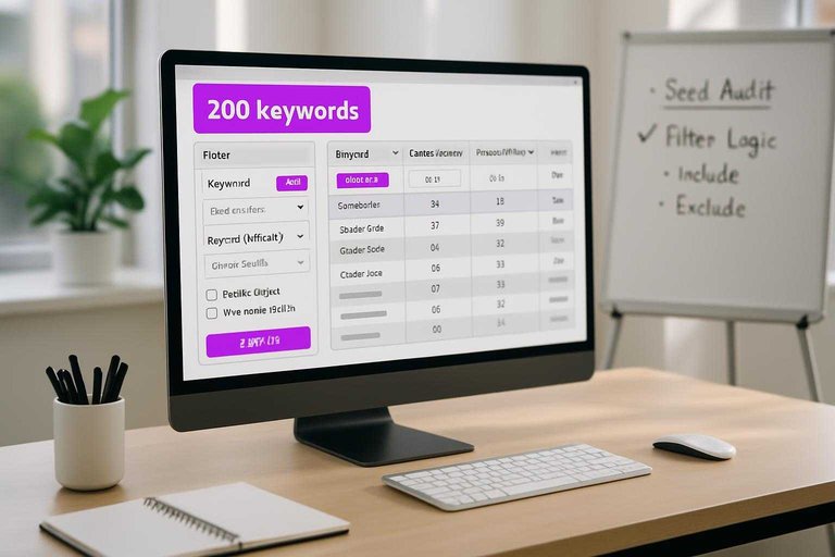 SEO analyst desk with monitor showing keyword list and #ad00cc banner text “200 keywords” for filter testing