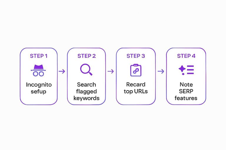 Four-step flow: Incognito setup, Search flagged keywords, Record top URLs, Note SERP features with arrows