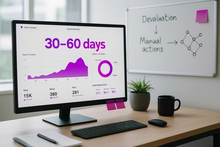 SEO analyst desk with monitor showing link risk dashboard and prominent “30–60 days” label in #ad00cc.