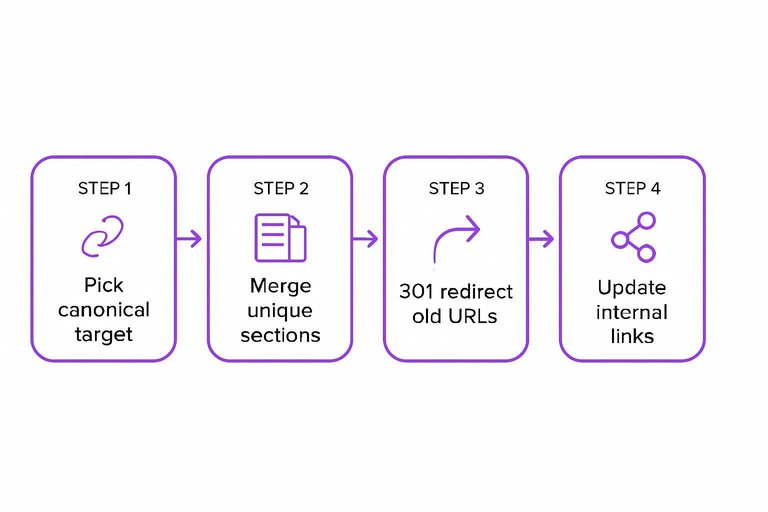 Four-step flow: Pick canonical target, Merge unique sections, 301 redirect old URLs, Update internal links