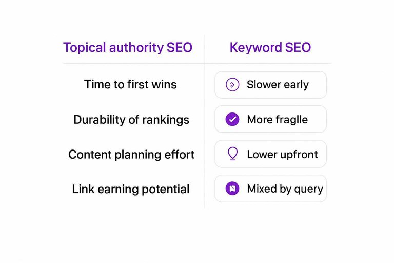 Comparison: Time to first wins, Durability of rankings, Content planning effort, Link earning potential