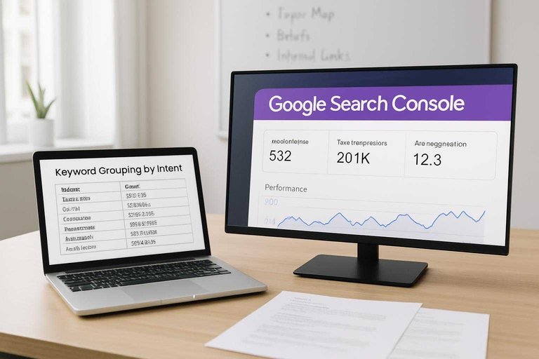 Desk workspace with monitor header reading “Google Search Console” highlighted in #ad00cc for SEO planning
