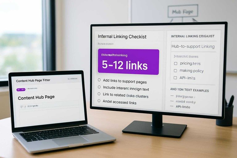 Monitor shows internal linking checklist with #ad00cc label “5–12 links” beside a hub-to-support site sketch