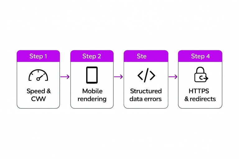 Four-step flow: Speed & CWV, Mobile rendering, Structured data errors, HTTPS & redirects connected by arrows