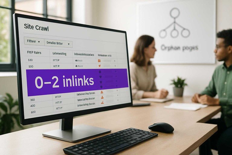 Monitor shows crawl report highlighting “0–2 inlinks” in #ad00cc, with notes on fixing orphan pages
