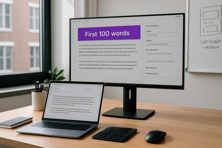 Monitor in modern workspace shows guideline banner 'First 100 words' in #ad00cc for answer-first content layout