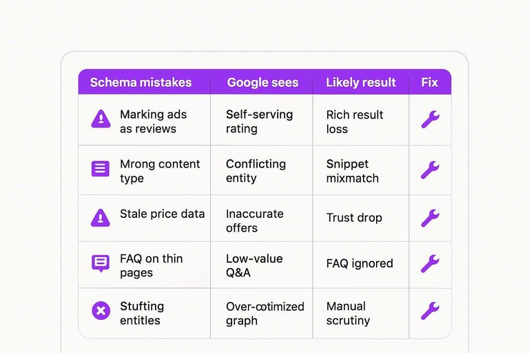 Table: Schema mistakes, Google sees, Likely result, Fix—Marking ads as reviews, Wrong content type, Stale price data
