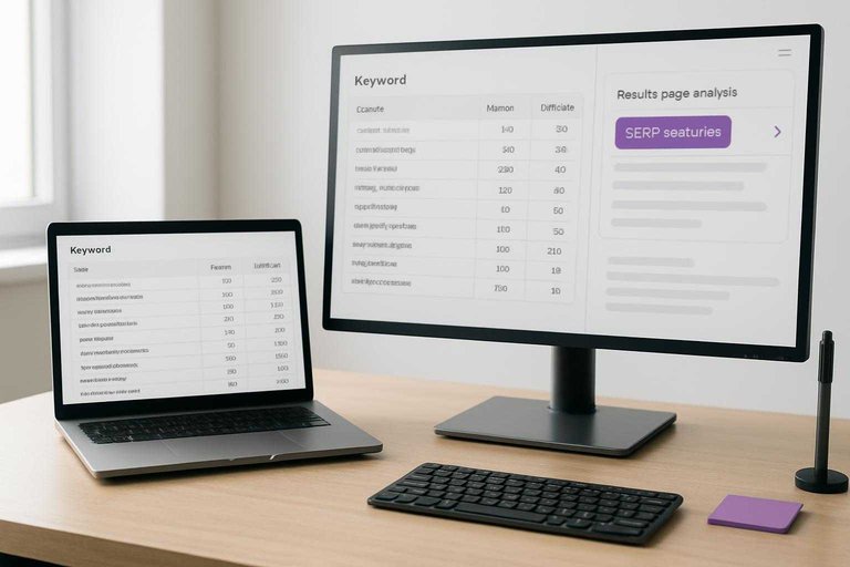 SEO workspace with dual monitors comparing tool exports, highlighted badge reading “SERP features” in #ad00cc