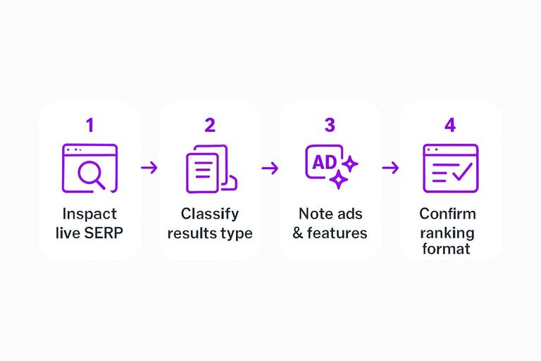Four-step flow: Inspect live SERP, Classify results type, Note ads & features, Confirm ranking format