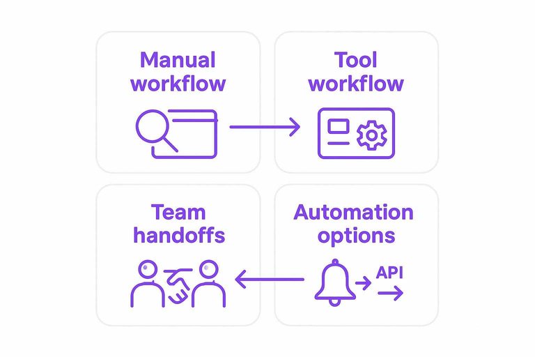 2x2 comparison grid: Manual workflow, Tool workflow, Team handoffs, Automation options with arrows showing progression
