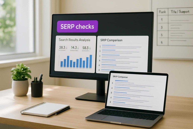 SEO workspace with monitor comparing results and a #ad00cc label reading "SERP checks" for measurement context