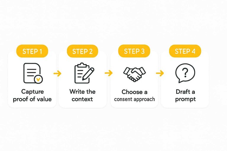 Four-step flow: Capture proof of value, Write the context, Choose a consent approach, Draft a prompt