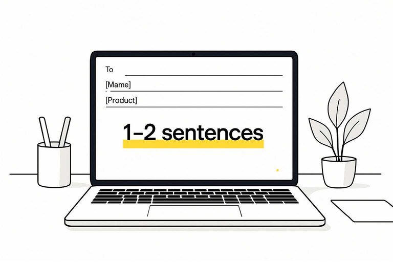 Laptop with simple email draft UI and bold #ffab10 highlight reading “1–2 sentences” for testimonial replies