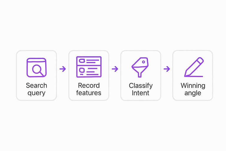 Four-step flow: Search query, Record features, Classify intent, Winning angle with arrows