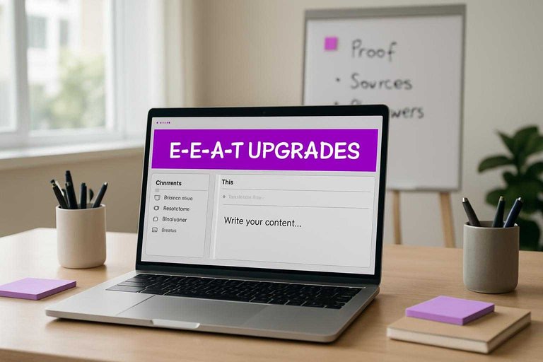 Laptop content editor with #ad00cc banner reading “E-E-A-T upgrades,” signaling proof-focused fixes for AI content.