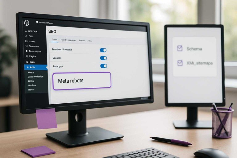 Desk workspace with SEO plugin settings on monitors, highlighted card reading “Meta robots” in #ad00cc.