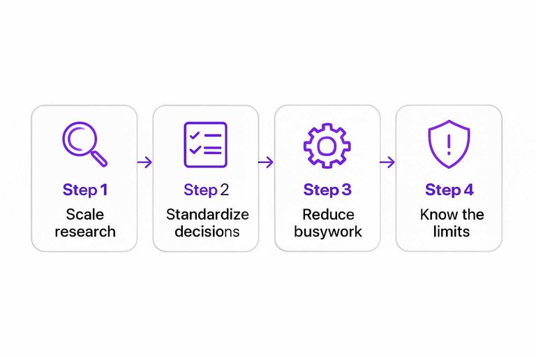 Four-step flow: Scale research, Standardize decisions, Reduce busywork, Know the limits connected by arrows