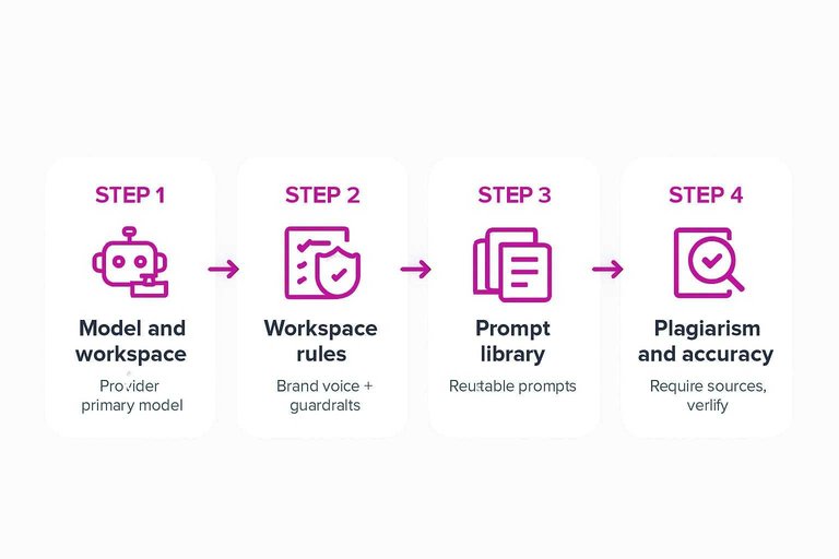 Four-step flow: Model and workspace, Workspace rules, Prompt library, Plagiarism and accuracy connected by arrows
