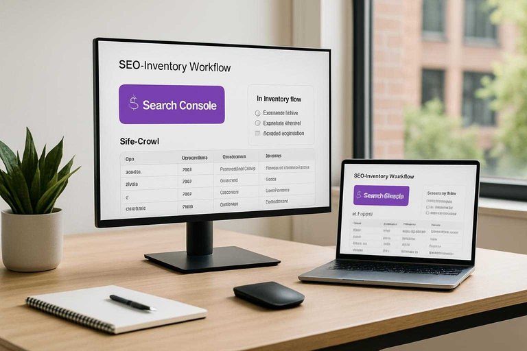 Monitor in modern workspace shows SEO workflow dashboard with #ad00cc card labeled "Search Console" for inventory setup