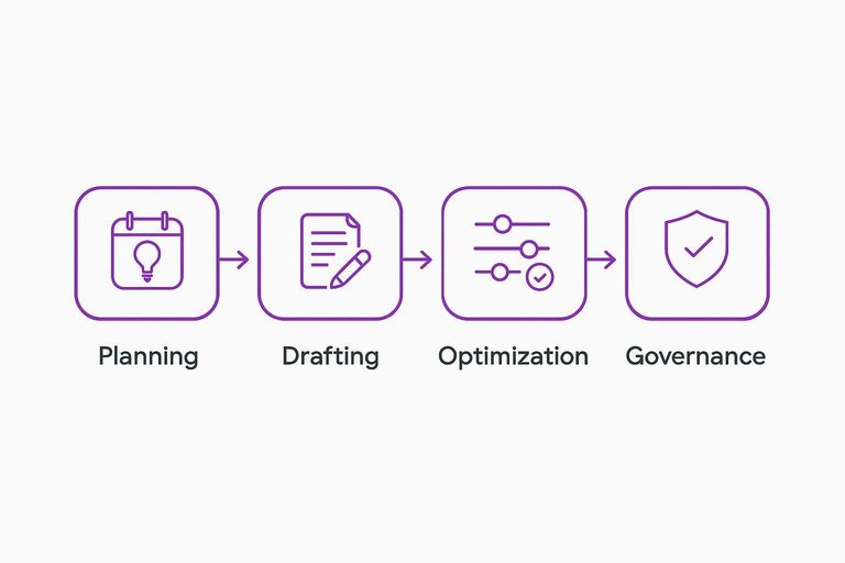Four-step workflow: Planning, Drafting, Optimization, Governance connected by arrows in a centered flow