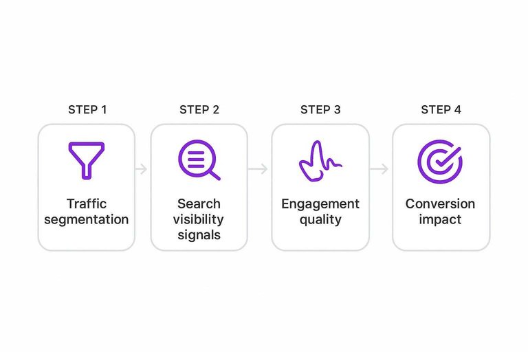 Four-step flow: Traffic segmentation, Search visibility signals, Engagement quality, Conversion impact connected by arrows