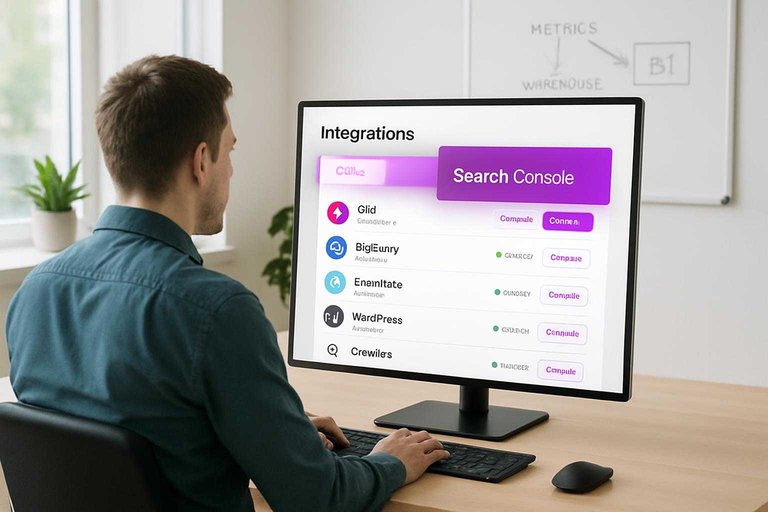 Desk workspace with monitor showing an integrations dashboard and a #ad00cc card labeled “Search Console”.
