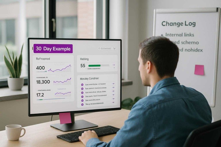 SEO analyst reviews dashboards with a purple banner reading “30-Day Example” and weekly rollout checklist items.