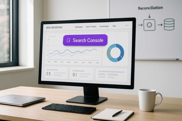 Desk workspace with SEO dashboard on monitor, highlighted #ad00cc label reading “Search Console” for data source review.