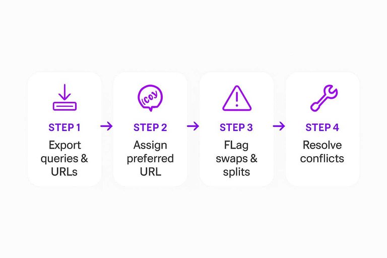 Four-step flow: Export queries & URLs, Assign preferred URL, Flag swaps & splits, Resolve conflicts with arrows