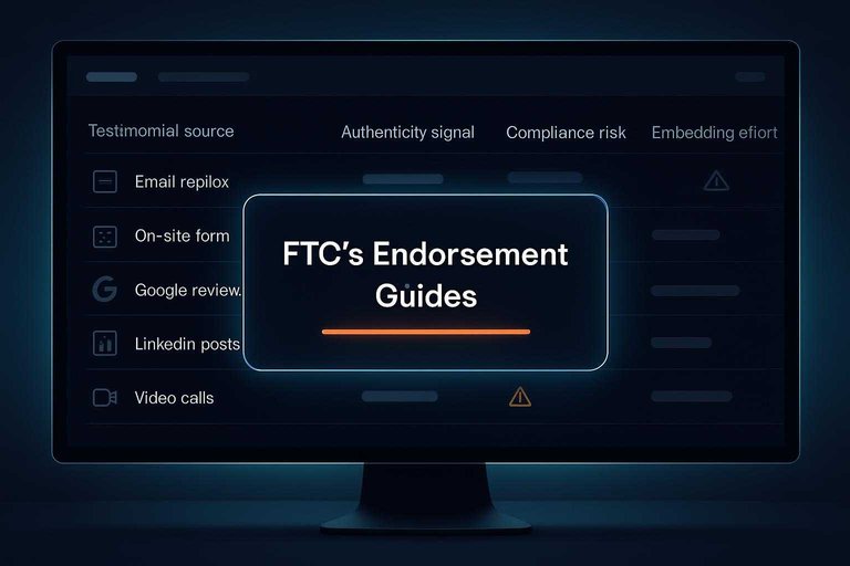 Dark SaaS dashboard comparing testimonial sources with glowing #df9800 overlay text “FTC’s Endorsement Guides”.