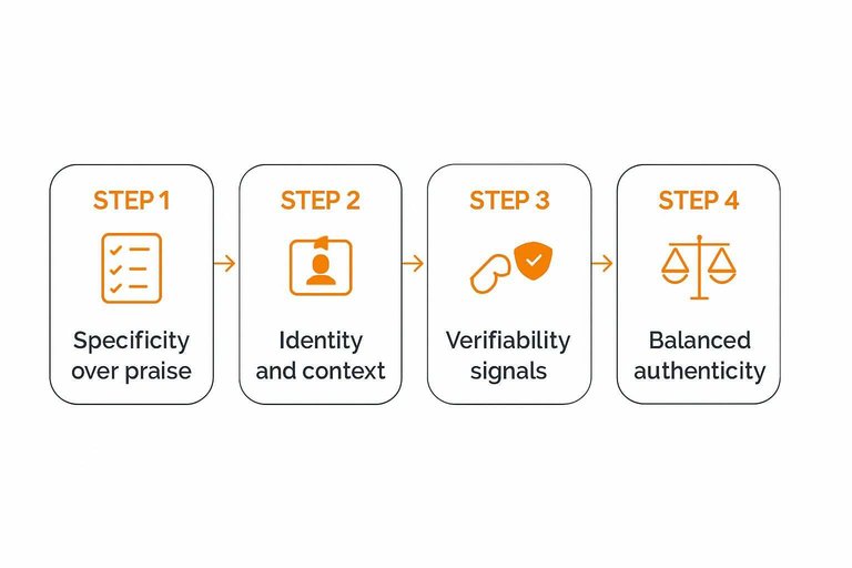 Four-step flow: Specificity over praise → Identity and context → Verifiability signals → Balanced authenticity