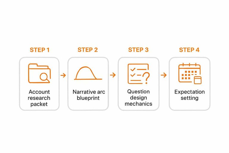 Four-step flow: Account research packet, Narrative arc blueprint, Question design mechanics, Expectation setting
