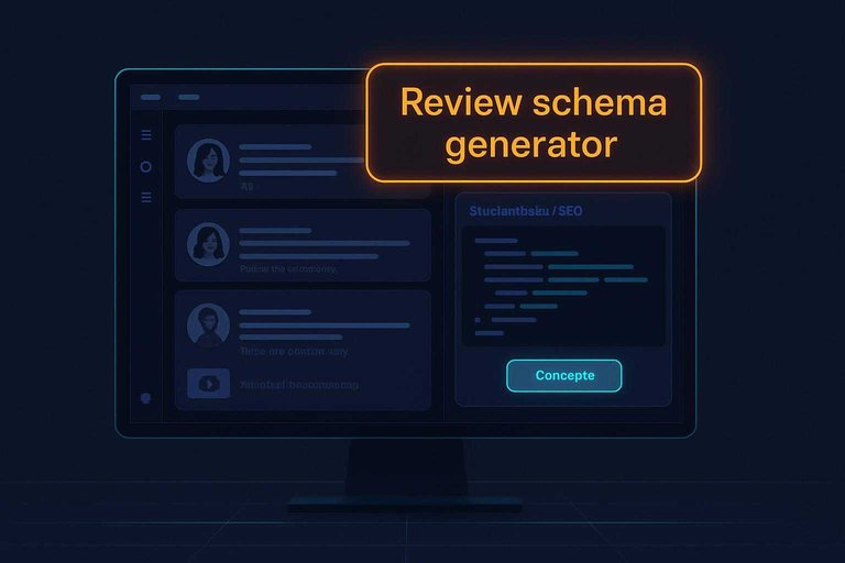Dark UI testimonials editor with #df9800 badge reading “Review schema generator” beside trust microcopy labels