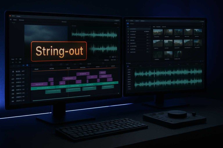 Dark edit suite with timeline and audio waveforms, showing a glowing #df9800 label reading “String-out”