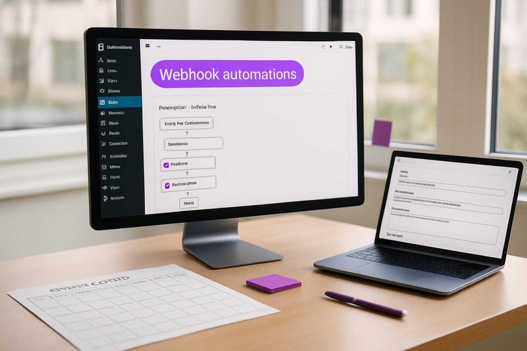 Monitor shows WordPress publishing workflow with #ad00cc label reading "Webhook automations" for daily pipeline setup